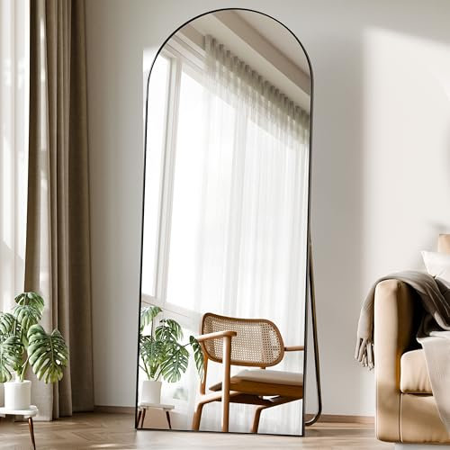 BEAUTYPEAK Miroir sur pied, motif arc, 142 x 52 cm, corps entier, bombé, à poser ou à accrocher au mur, avec support, pour chambre, salon ou dressing, noir