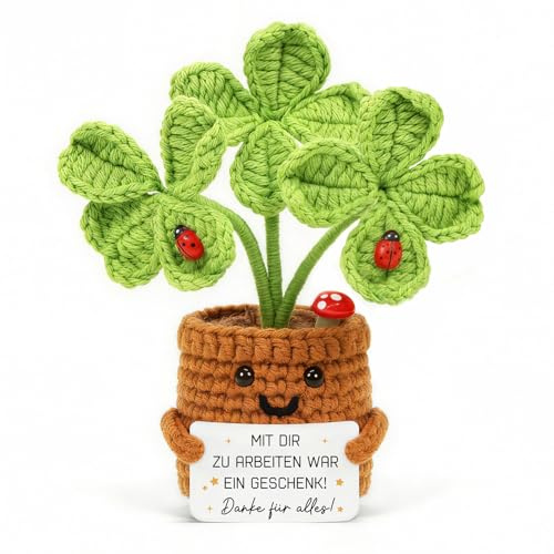 HUKUMA Pocket Hug Positive Vierblättriges Geschenke,Anti Stress Geschenk für Kollegen Kollegin Chef, Gestrickteblume Abschiedsgeschenk kollegin jobwechsel,Abschied Kollegin Positive Geschenke