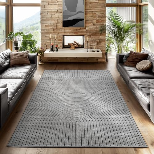 SIMPEX Kurzflor Teppich 160x230 cm Grau Wohnzimmer, Schlafzimmer, Küche, 3D Hoch-Tief-Effekt, Skandinavisch Boho Motiv, für Outdoor Bereich geeignet Terrassen oder im Balkon