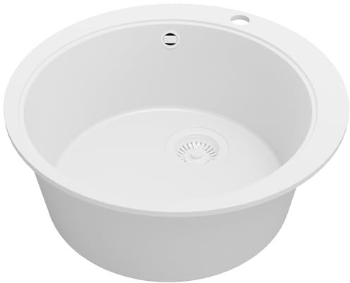 PRIMAGRAN Fregadero Cocina Circular Todo Blanco 53x53cm, Granito 1 Seno + Sifón, Sobre encimera al mueble 50cm - Pisa Max S008