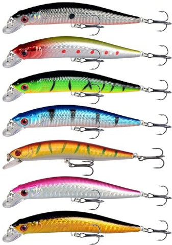 RTDHO 7Pcs Fishing Lures Sea Water Fishing Minnow Lures Topwater Swimbait | Bass Trout Mackerel Fish Bait Realistic Hard Baits Popper Plugs with 3D Eyes for Saltwater Freshwater Multicolour