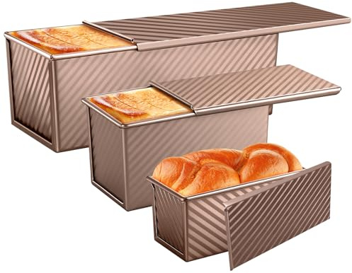 BAISHUN 3 Pack Pullman Loaf Pans with Lids, 2.2LB 1LB 0.5LB Bread Pans, Non-Stick Carbon Steel Bread Pans for Homemade Sandwich and Baking Sourdough Bread, Corrugated Toast Mold, Golden