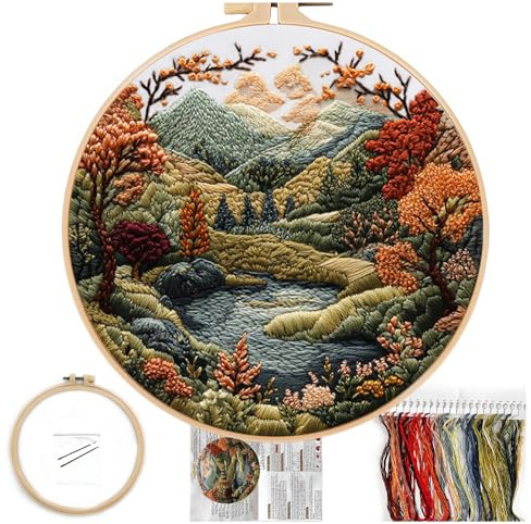 Stick-Set für Anfänger, Boho Naturlandschaft vorgezeichnetes Muster-Set für Erwachsene mit Stickrahmen, einfache Farbfaden-Nadelarbeit, 8 Zoll Rahmen (Blumen Hügel)