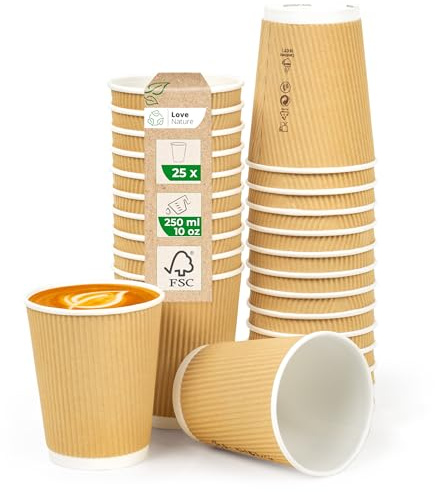 Love Nature Riffelbecher 250 ml 10 oz – Kaffeebecher to Go 25 Stück aus Kraftpapier – Pappbecher aus braun Kraftkarton von Kaffee, Tee, heißen und kalten Getränken