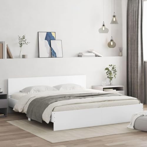 CIOURSTO Bettgestell aus Holzwerkstoff, Holzbettgestell mit Kopfteil und Sperrholzlatten, Robust, Feuchtigkeitsbeständig für Schlafzimmer (160 x 200 cm)