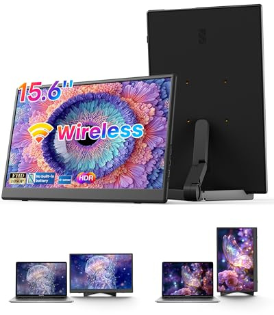 iProda Monitor Wireless 15.6 FHD 1080P IPS con Treppiede Plug and Play | Monitor portatile portatile con Miracast, USB-C e HDMI, espansione dello schermo wireless per laptop, PC, Mac, smartphone