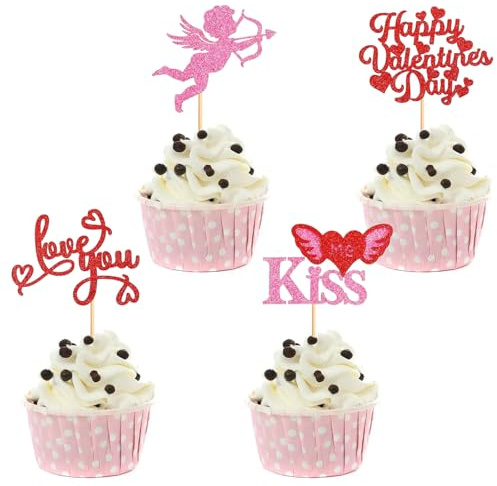 24Pcs Happy Valentine's Day Cupcake Toppers Love You Kiss Me Cupid Glitter Cake Toppers Decorations for Valentine's Day Sweet Theme Party Wedding Anniversary Bridal Shower Supplies