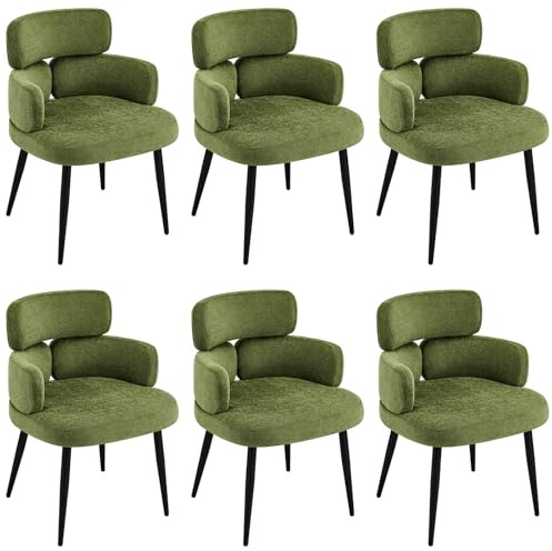 Hellove Esszimmerstuhl Grün 6er Set mit Armlehnen Moderner Gepolsterter Küchenstühle mit Metallbeinen, Bequemer Schminktisch Stuhl Polsterstuhl Comfy Esszimmer Stühle für Küche, Schlafzimmer