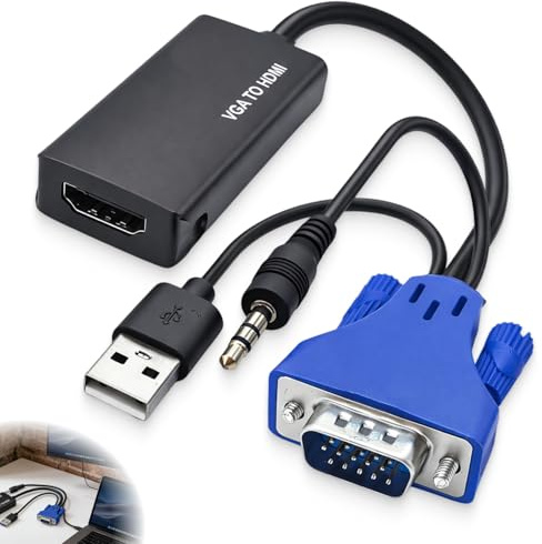 JXRSKJ VGA auf HDMI Adapter mit Audio 1080P, VGA Stecker to HDMI Buchse für Laptop, PC zu TV/Monitor, USB-Stromversorgung,Projektoren usw. Kompakt, Plug & Play, HD Multimedia Konverter