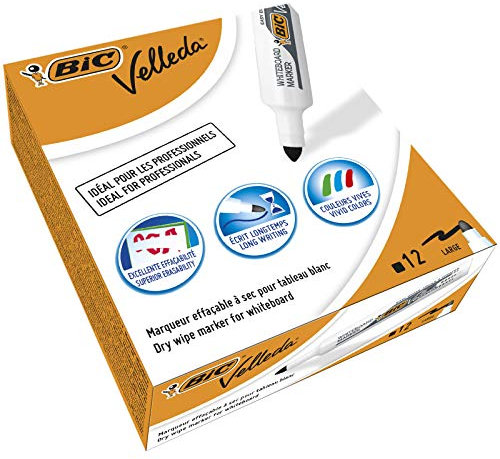 BIC Velleda 1711 Feutres pour Tableau Blanc Effaçables à Sec à Pointe Conique Moyenne - Noir, Boîte de 12