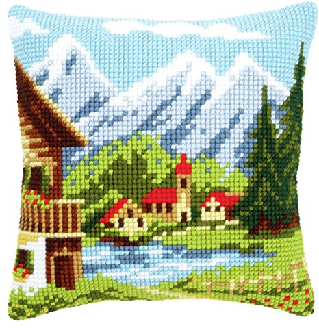 VERVACO Kreuzstich Stickpackungen Kissen Stickerei Set Anfänger Vorgedruckt Bergdorf I DIY Set Kreativ Set Für Erwachsene Dekoratives Kissen ca. 40 x 40 cm Bastelset Handwerker Haus Dekoration