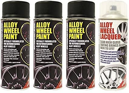3 x E-Tech Black Wheel Paint and 1 x Clear Lacquer Car Alloy Wheel Spray Paint (4 Cans In Total)