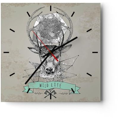 Modern Wanduhr Hirsch Geweih Wald 40x40cm Quadrat Groß Wand Uhr Glas Analog Zimmeruhren Küche Büro Wohnzimmer Glasuhr Wall Clock Dekoration Design Wanddekoration Küchenuhr C3AC40x40-3072