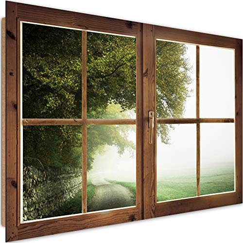 Feeby Quadro Decorativo 3D Finestra 90x60 cm 1 Pezzo Stampa Murale Fotografia Decorazione da Parete Immagini Moderni per Soggiorno Camera da Letto Ufficio Cucina Paesaggio Rustico Verde