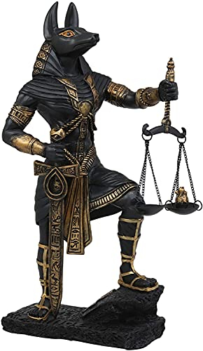 Ebros Antiker ägyptischer Gott Anubis mit Schuppen der Gerechtigkeit, Götter der Toten und des Lebens mit dem Wiegen des Herzens gegen Straußenfedern, 25,4 cm hoch, Schwarz und Gold