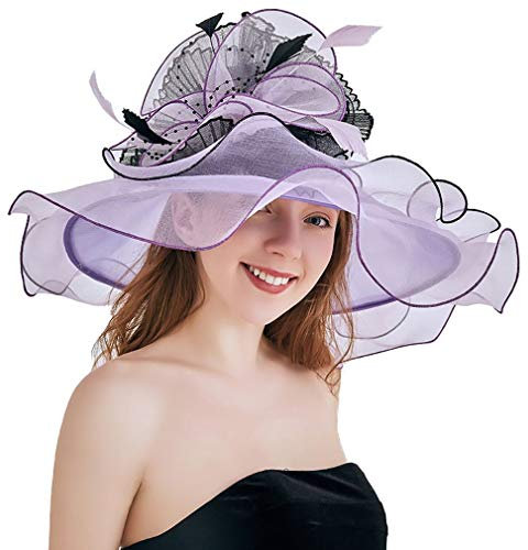 VPbao Organza Fleur Chapeau de Soleil Femme Large Bord Capeline Plage Cérémonie Violet