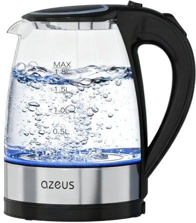 AZEUS Bollitore elettrico ad ebollizione rapida, grande capacità da 1,8 l, con spegnimento automatico e protezione contro l'ebollizione, vetro borosilicato senza BPA e acciaio inossidabile