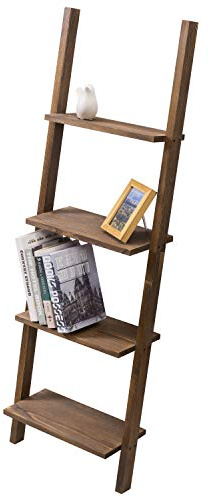 MyGift 4-Tier Burnt Wood Wall-Leaning Ladder Shelf – Decorative Freestanding Ladder Rack for Blankets, Towels and Home Storage