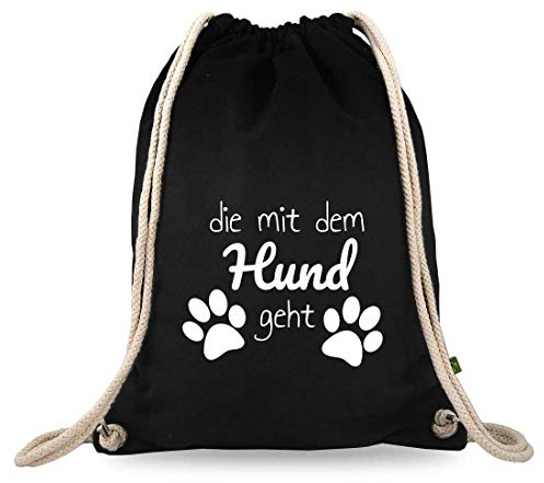 Turnbeutelliebe® Turnbeutel mit Spruch - Die mit dem Hund geht - Baumwolle schwarz - Sportbeutel - Rucksack - Stoffbeutel - ca. 12 Liter - 37 x 46 cm