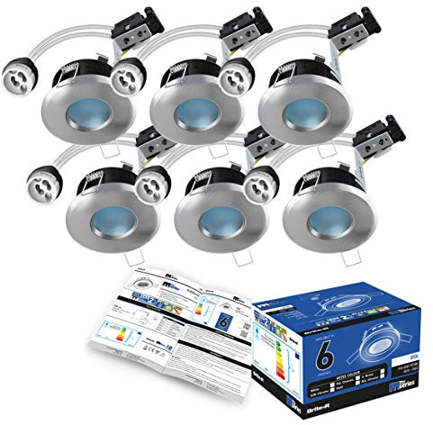 6X GU10 Bathroom IP65 Fixed Downlight Satin Chrome Brite-R LED Spotlight Recessed Ceiling Fitting Die-Cast Aluminium IP65 Rated Halogen Compatible CE Approved Easy Install 2 Year Warranty No Bulb