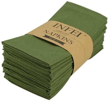 INFEI Solid Color Cotton Dinner Cloth Napkins - Set of 12 (17 x 17 inches) - for Events & Home Use (Army Green)