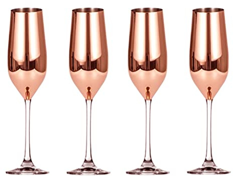 Sparkleware Set of 4 Metallic Rose Gold Glass Champagne Flutes/Glasses - Toasting Flutes for Wedding or Birthday Celebration (Pink Tops)