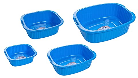 Domplex Juego de 4 Cuencos para Lavar la Ropa a Mano de Diferentes Tamaños y Capacidades: 5L, 10L, 15L, 25L, Hechos de Plástico Polipropileno Muy Resistente, Color Azul
