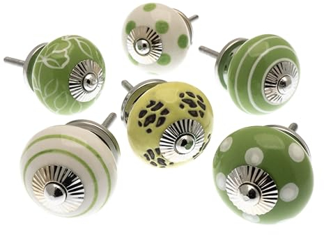 Mango Tree - Lot de 6 boutons de porte en céramique vert pomme et blanc