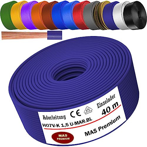 Cavo unipolare H07 V-K 1 x 1,5 mm² blu oltremare singolo cavo flessibile 5 m, 10 m, 20 m, 25 m, 30 m, 40 m, 50 m fino a 100 m (40 m)