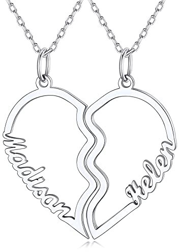 Sterling Silver Name Necklace for 2-Personalised Heart Puzzle Jewellery Set Gifts for Women Girl Bff-Custom Couples Gifts Necklace