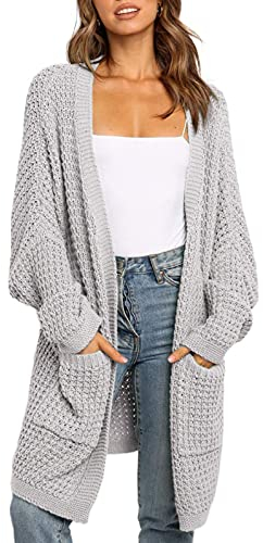 Maavoki Damen Lang Strickjacke, Oversize Langarm Sweater Cardigan, Casual Strickmantel Herbst Outerwear mit Tasche (Grau, M)