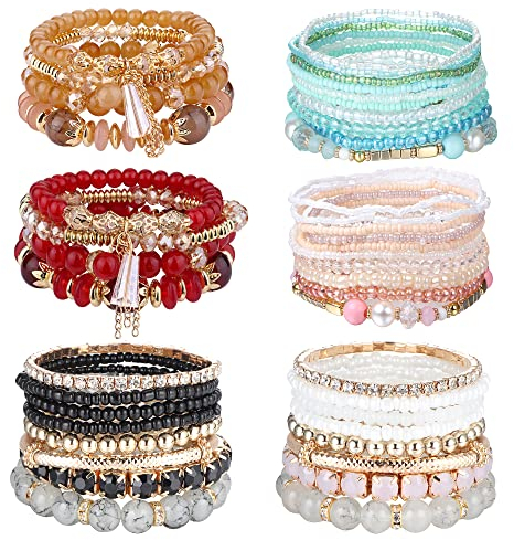 Adramata 6 Sets Böhmische Armbänder für Frauen Mädchen Stapelbare Mehrschichtige Perlenarmbänder Sommer Strand Schmuck Freundschaftsarmbänder Stretch Boho Armbänder
