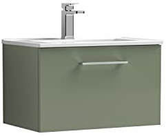 nuie ARN822B Arno Modern Bathroom Wall Hung 1 Drawer Vanity Unit with Minimalist Ceramic Basin, 600mm, Satin Green