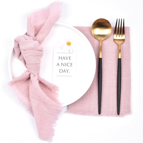 Joanlody Lot de 10 serviettes de table rustiques en coton et lin avec franges pour fête de mariage, fête prénatale, décoration de table - Motif rose poudré