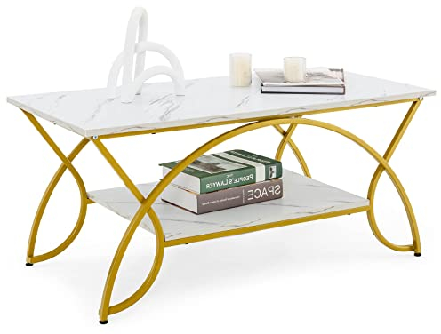 LIFEZEAL Couchtisch Marmor Optik, Wohnzimmertisch Modern mit Metallgestell, 2 Ebenen Rechteckiger Beistelltisch Sofatisch Kaffeetisch für Wohnzimmer Schlafzimmer Büro, 100x50x46cm (Weiß+Gold)