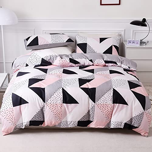 OLDBIAO Bettwäsche 240x220 cm 3er Set Rosa Schwarz Geometrisch Design mit Dreieck Karo Punkt, Weiche Pflegeleicht Mikrofaser Bettbezug und 2 Kissenbezüge 80x80cm mit Reißverschluss