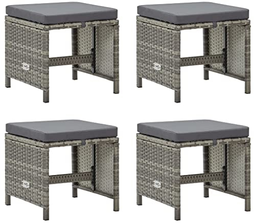 homiuse 40,5x40,5x35 cm Gartenhocker 4 STK. mit Sitzkissen Poly Rattan Grau Fußbank Rattan Hocker Outdoor Fußhocker Gepolstert Kleiner Hocker Schuhbank Zum Sitzen für Den Innen- Und AußEnbereich