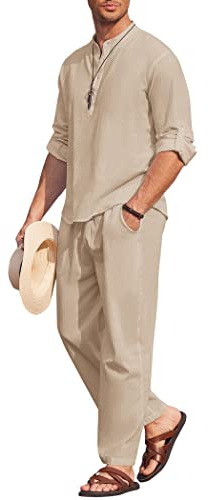 COOFANDY Men's 2 Pieces Cotton Linen Set Long Sleeve Henley Shirts Casual Beach Pants With Pockets Summer Yoga Outfits, Light Khaki, XX-L