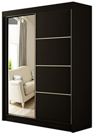 Margaret Hadas24 Kleiderschrank Padwa 150 mit Spiegel, Organizer, Mehrzweckschrank, Schwebetürenschrank, Garderobenschrank, Kleiderstange, Kleiderständer, Flurschrank, Schrank, 2-türig, schwarz