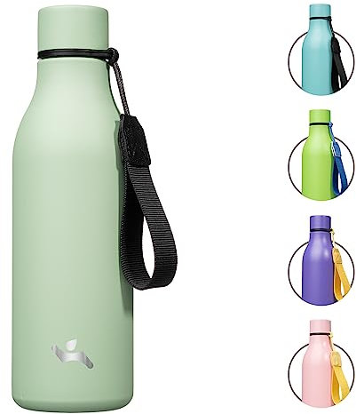 Konokyo Botella de agua aislada con correa, botellas de vacío de acero inoxidable de doble pared de 18 onzas, termo de agua de metal, verde macarrón