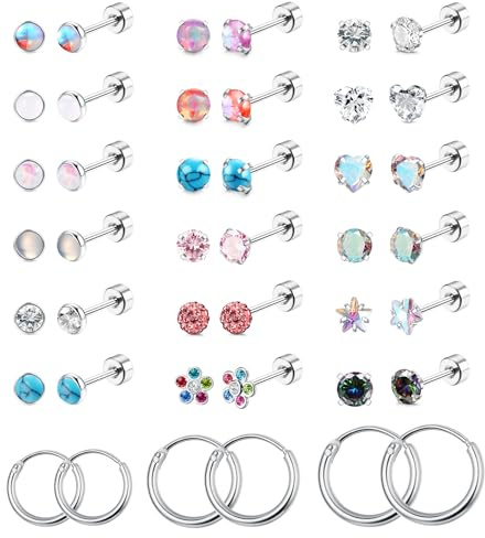 KALVICA 42Pcs Small Flat Back Earrings for Women Girls Dainty Cartilage Earrings Helix Tragus Piercing Jewellery Hypoallergenic Surgical Steel Hoop Earrings CZ Opal Stud Earrings Set 20G