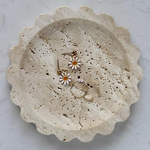 Natural Small Marble Tray 16cm, Round Scalloped Tray for Nightstand Dresser, Jewelry Tray for Women's Gift (Beige Travertine)
