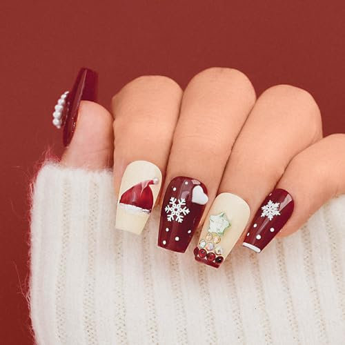 Sethexy Christmas Medium Ballerina Fake Nails Red Glossy Rhinestone Press On Nails Pearl Hand-painted False Nail Acrylic Salon Quality Handmade Stick On Nails for Women and Girls 20PCS (3)