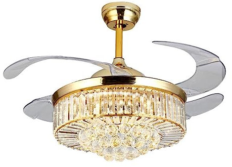 Hanging Lamp, Crystal Ceiling Fan with Light Dimmable 6-Speed Quiet Fan Chandelier W/Remote Control Retractable ABS Blades for Bedroom Living Room Hotel Restaurant (Color : Gold)
