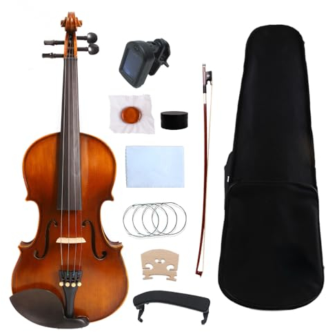 WUQIMUSC Violine in 1/4-Größe für Kinder, Anfänger, Geigen-Set, Massivholz mit Koffer, Bogen, Kolophonium, Stimmgerät, Schulterstütze und zusätzlichen Saiten