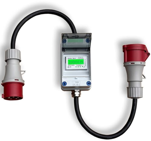Mobile Stromzähler Box mit CEE 32A Stecker und Kupplung, Digitaler Zwischenzähler mit Reset-Funktion, Spritzwassergeschützt, Wartungsfrei, Ideal für Camping, E-Auto, Baustelle