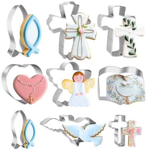 BLIENKREBY 9 moldes de peces, moldes de galletas cristianos para comunión, juego de comunión, decoración de Pascua, acero inoxidable, para comunión, formas de galletas, cruz, pez cristiano, paloma,