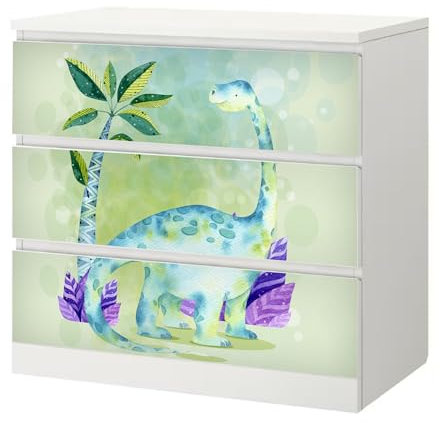 Sunnywall® Möbelfolie passend für IKEA Malm Kommode Schrankfolie Aufkleber mit Dino Kids Langhals Motiv | blasenfrei verkleben | Kinderzimmer 3er 80 cm