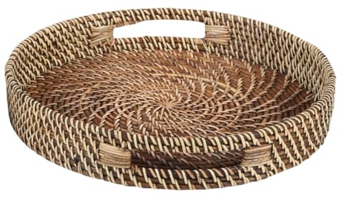 BEA Rattan Serving Tray Round Natural Rattan Wicker Handmade Decorative Tray for Drinks Breakfast Tea Service Boho Chic Serving Plate Decorative Tray Size M