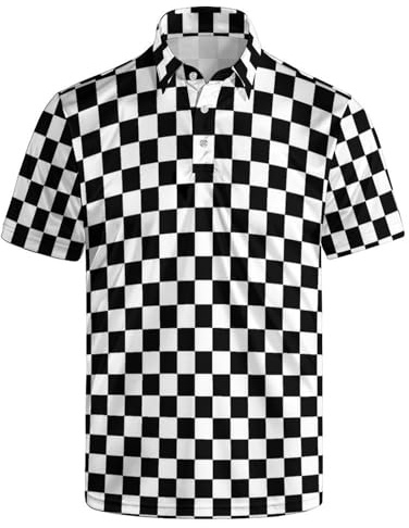 INZVKJLU Checkered Polo Shirt for Men Checked Golf Shirts Short Sleeve Black and White Golf Polos Shirts Checked Shirt Golf Gifts